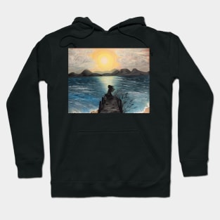 Ocean Sunset Painting Original Art Girl on Dock Nature Beach Gifts Hoodie